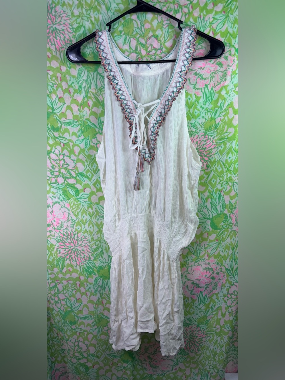 Boho Embroidered Tassel V-Neck White Mini Dress NWOT LARGE - Picture 2 of 8